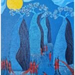 Vertical ink and acrylic painting Call of the Baobabs-3 by Sanjay Lavakare depicting blue baobabs and red figures under a yellow moon.