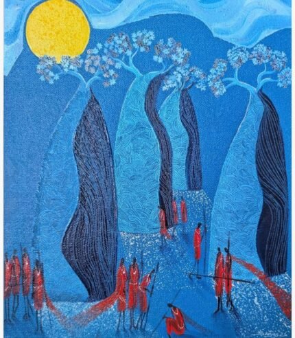 Vertical ink and acrylic painting Call of the Baobabs-3 by Sanjay Lavakare depicting blue baobabs and red figures under a yellow moon.