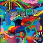 Vibrant pop art acrylic painting titled Sky is Pink by Mansi Virani depicting a female passenger holding a helmet looking at a motorcyclist under a psychedelic colorful mountain horizon.