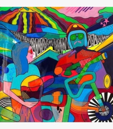 Vibrant pop art acrylic painting titled Sky is Pink by Mansi Virani depicting a female passenger holding a helmet looking at a motorcyclist under a psychedelic colorful mountain horizon.