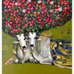 Contemporary Indian acrylic painting titled Quality time II by Jiban Biswas depicting two adorned white cows sitting closely together beneath a lush canopy of pink and red roses against an olive green background.