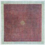 Square abstract acrylic painting titled Untitled by Radhesham Dhamal with a crimson grid center and pale blue-green border.