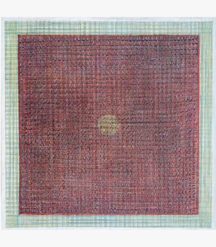 Square abstract acrylic painting titled Untitled by Radhesham Dhamal with a crimson grid center and pale blue-green border.
