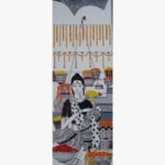 Tall vertical ink and acrylic artwork Hues of Marigold-1 by Sanjay Lavakare depicting a figure stringing marigold garlands.