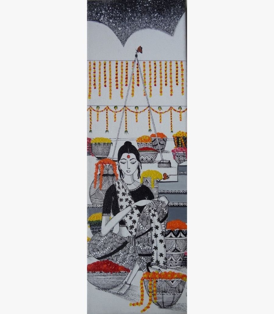 10 Tall vertical ink and acrylic artwork Hues of Marigold-1 by Sanjay Lavakare depicting a figure stringing marigold garlands.