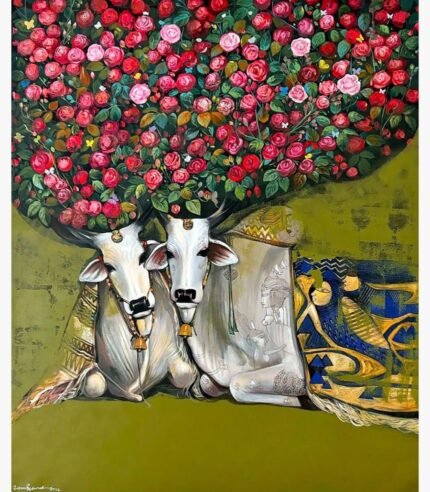 Contemporary Indian acrylic painting titled Quality time II by Jiban Biswas depicting two adorned white cows sitting closely together beneath a lush canopy of pink and red roses against an olive green background.