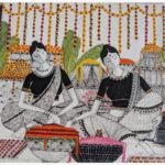 Square ink and acrylic painting Hues of Marigold-3 by Sanjay Lavakare depicting two figures stringing floral garlands.
