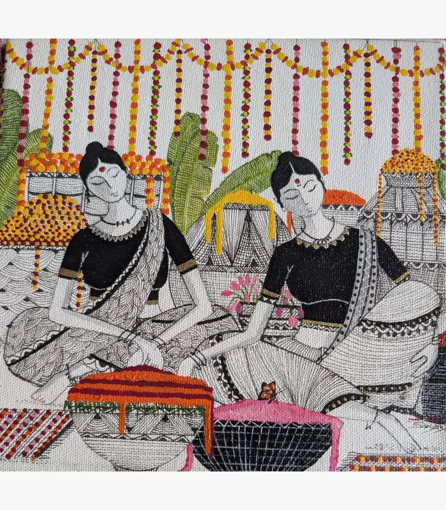 11 Square ink and acrylic painting Hues of Marigold-3 by Sanjay Lavakare depicting two figures stringing floral garlands.