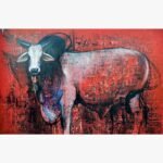 Contemporary Indian acrylic painting titled Nandi by Jiban Biswas featuring a majestic white divine bull with blue highlights standing against a rich red textured background patterned with traditional temple art grids.
