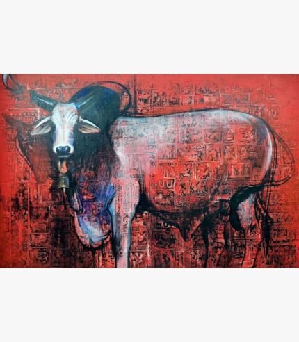 Contemporary Indian acrylic painting titled Nandi by Jiban Biswas featuring a majestic white divine bull with blue highlights standing against a rich red textured background patterned with traditional temple art grids.