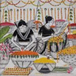 Square ink and acrylic artwork titled Hues of Marigold-4 by Sanjay Lavakare depicting figures with marigold flower baskets.