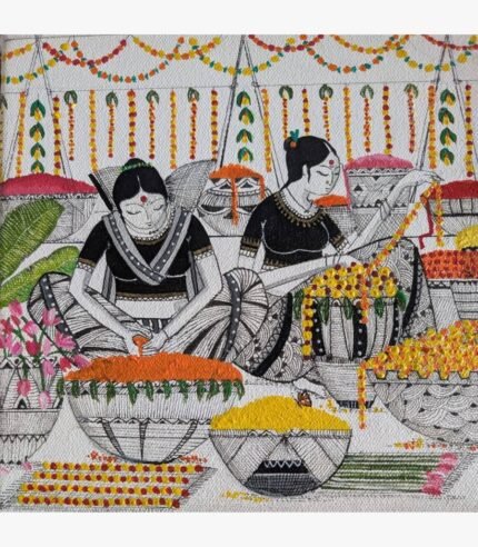 Square ink and acrylic artwork titled Hues of Marigold-4 by Sanjay Lavakare depicting figures with marigold flower baskets.