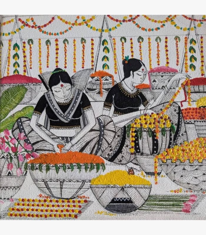 Square ink and acrylic artwork titled Hues of Marigold-4 by Sanjay Lavakare depicting figures with marigold flower baskets.