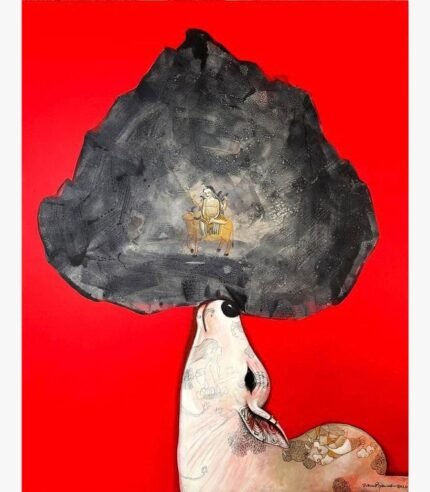 Contemporary Indian acrylic painting titled Emotional Attachment by Jiban Biswas depicting a white divine cow with line art etchings looking upward at a dark textured cloud enveloping Lord Shiva riding Nandi against a vibrant red background.