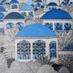 Square ink and acrylic artwork titled Blutopia-1 by Sanjay Lavakare showing domed architectural structures in blue tones.