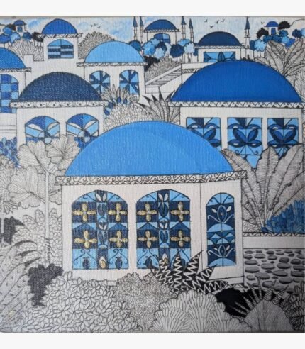 Square ink and acrylic artwork titled Blutopia-1 by Sanjay Lavakare showing domed architectural structures in blue tones.