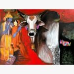 Contemporary Indian acrylic painting titled Emotional Attachment II by Jiban Biswas depicting a majestic decorated white bull alongside Lord Krishna and Radha against a vibrant red and black background.