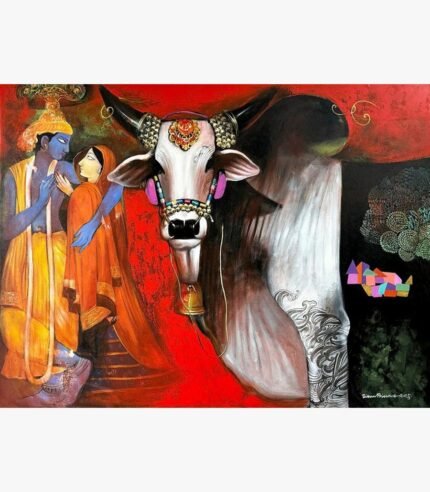 Contemporary Indian acrylic painting titled Emotional Attachment II by Jiban Biswas depicting a majestic decorated white bull alongside Lord Krishna and Radha against a vibrant red and black background.
