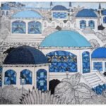 Ink and acrylic architectural artwork titled Blutopia-2 by Sanjay Lavakare depicting domed structures with blue roofs.