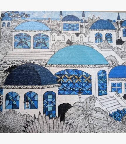 Ink and acrylic architectural artwork titled Blutopia-2 by Sanjay Lavakare depicting domed structures with blue roofs.