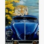 Contemporary surreal acrylic painting titled Quality time by Jiban Biswas depicting a majestic Bengal tiger resting on top of a classic blue Volkswagen Beetle beside bright yellow flowers.
