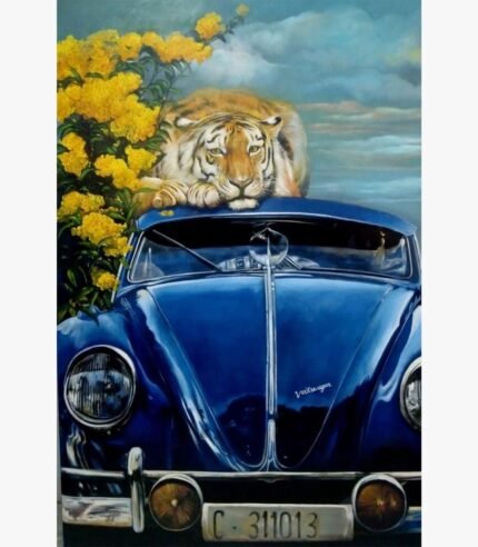 Contemporary surreal acrylic painting titled Quality time by Jiban Biswas depicting a majestic Bengal tiger resting on top of a classic blue Volkswagen Beetle beside bright yellow flowers.