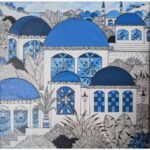 Ink and acrylic architectural artwork titled Blutopia-3 by Sanjay Lavakare showing blue domed buildings and intricate windows.