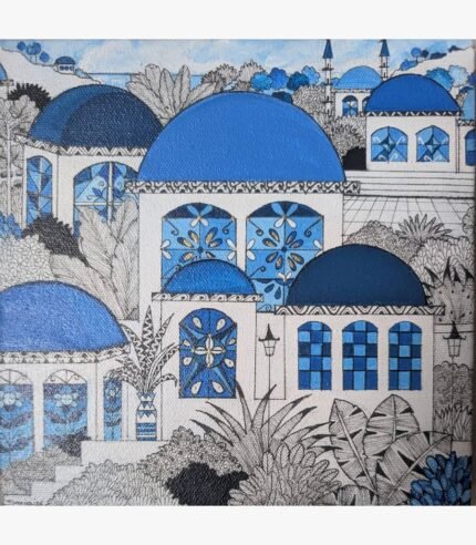 Ink and acrylic architectural artwork titled Blutopia-3 by Sanjay Lavakare showing blue domed buildings and intricate windows.