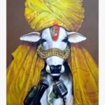 Contemporary Indian acrylic painting titled Cosmic Cow by Jiban Biswas depicting a sacred white cow adorned with a vibrant yellow turban, gold jewelry, traditional textiles, and microphones.
