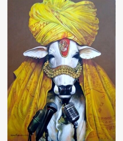 Contemporary Indian acrylic painting titled Cosmic Cow by Jiban Biswas depicting a sacred white cow adorned with a vibrant yellow turban, gold jewelry, traditional textiles, and microphones.