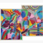 Vibrant abstract expressionist acrylic painting titled Let's Fix it by Mansi Virani depicting two stylized lovers embracing amid colorful geometric shapes, tropical birds, and flowing patterns.