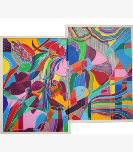 Vibrant abstract expressionist acrylic painting titled Let's Fix it by Mansi Virani depicting two stylized lovers embracing amid colorful geometric shapes, tropical birds, and flowing patterns.