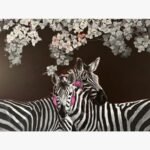 Contemporary acrylic painting titled Urban Love by Jiban Biswas featuring two zebras wearing pink headphones embracing beneath white bougainvillea flowers on a dark background.