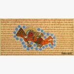Traditional Indian manuscript artwork titled Hanuman - The Fight of Devotion by Nirmal Soni depicting Lord Hanuman flying with the Sanjeevani mountain against Devanagari script in natural pigment colors on paper.
