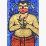 Acrylic canvas painting titled Kapeeshwar by Pratiksha Bothe featuring a stylized central figure holding a lotus bud against a blue background.