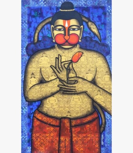 Acrylic canvas painting titled Kapeeshwar by Pratiksha Bothe featuring a stylized central figure holding a lotus bud against a blue background.
