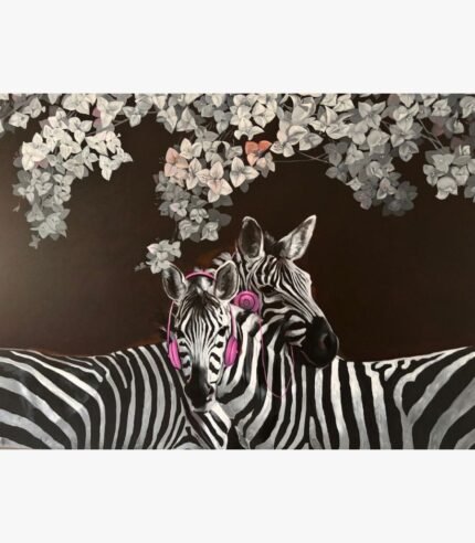 Contemporary acrylic painting titled Urban Love by Jiban Biswas featuring two zebras wearing pink headphones embracing beneath white bougainvillea flowers on a dark background.