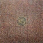 Square abstract acrylic painting titled Untitled by Radhesham Dhamal featuring dense textural linework and a central medallion.