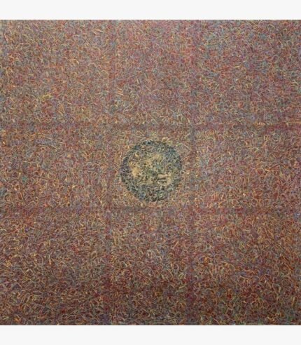 Square abstract acrylic painting titled Untitled by Radhesham Dhamal featuring dense textural linework and a central medallion.