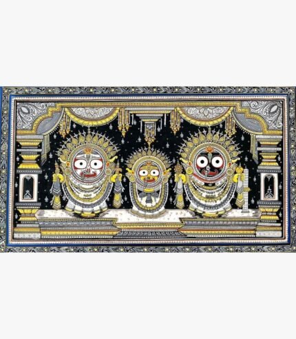 Traditional Pattachitra painting titled Lord Jaganath ji Balbhadra and Subhadra by Sai Swaroop featuring three figures.