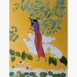 Vertical oil on canvas painting The Celestial Fluautist by Sanjay Lavakare depicting a figure playing a flute amidst cattle.