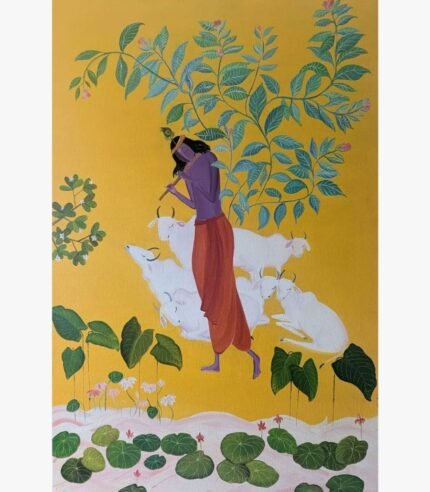 Vertical oil on canvas painting The Celestial Fluautist by Sanjay Lavakare depicting a figure playing a flute amidst cattle.