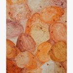 Textured abstract acrylic painting titled Faces by Mansi Virani featuring clustered profile silhouettes in warm earth tones including terracotta, ochre, peach, and cream.