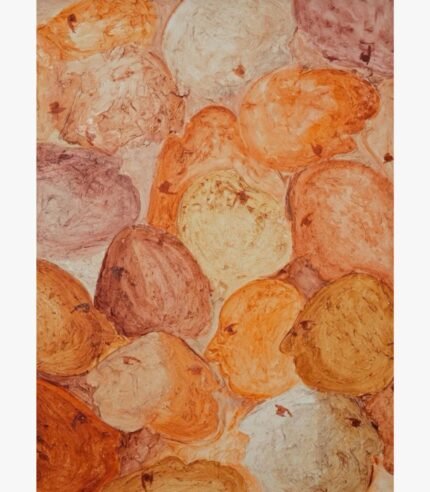 Textured abstract acrylic painting titled Faces by Mansi Virani featuring clustered profile silhouettes in warm earth tones including terracotta, ochre, peach, and cream.