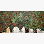 Contemporary Indian acrylic painting titled Quality time VII by Jiban Biswas depicting white cows and calves looking upward at a lush foliage canopy filled with red berries, birds, and squirrels.