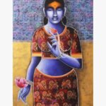 Acrylic canvas painting titled Celestial Beauty Sursundari by Pratiksha Bothe featuring a blue figure holding a bird and lotus.