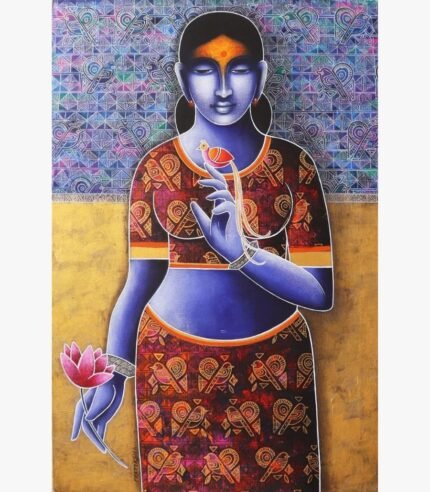Acrylic canvas painting titled Celestial Beauty Sursundari by Pratiksha Bothe featuring a blue figure holding a bird and lotus.