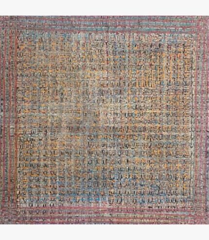 Large square abstract acrylic painting titled Untitled by Radhesham Dhamal with intricate grey, red, and yellow grid lines.