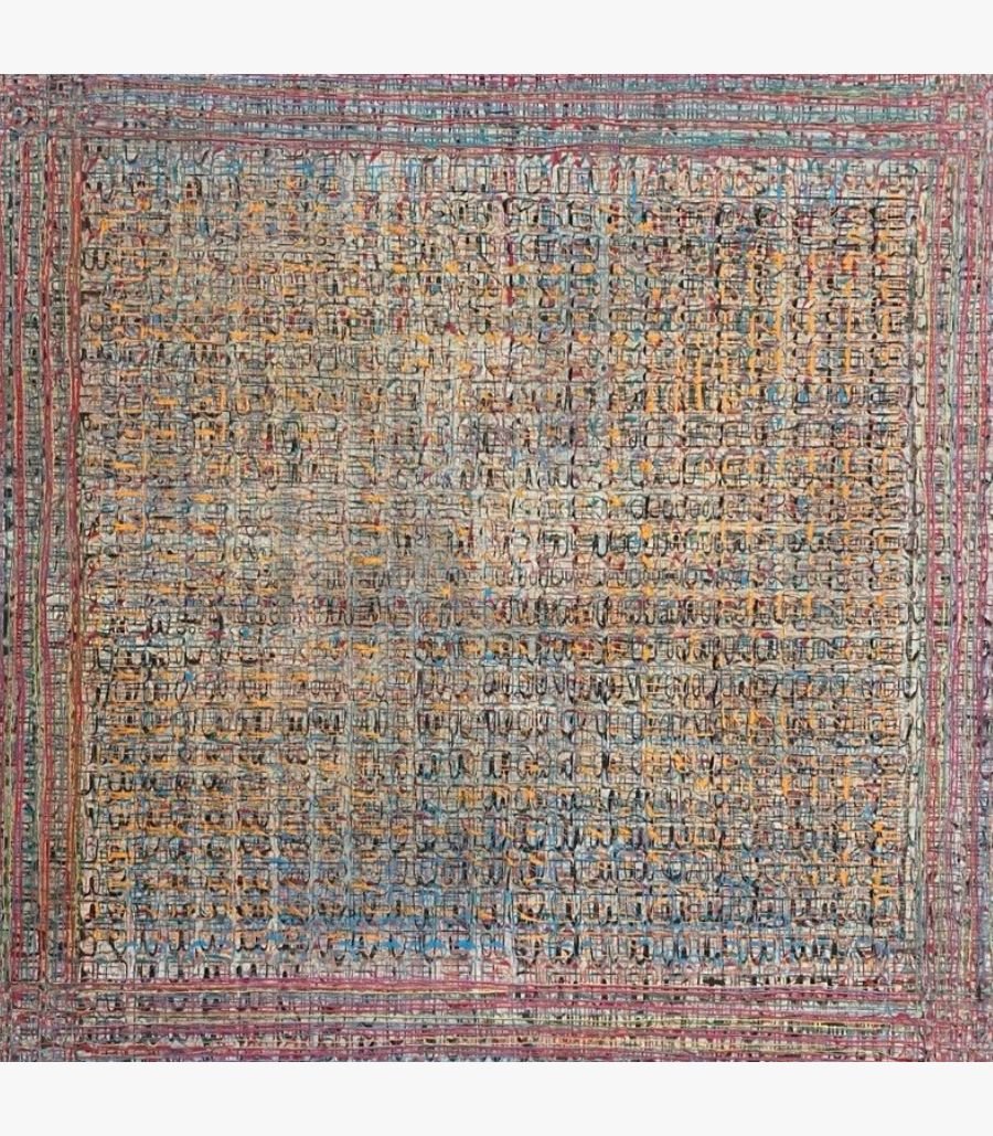 3 Large square abstract acrylic painting titled Untitled by Radhesham Dhamal with intricate grey, red, and yellow grid lines.