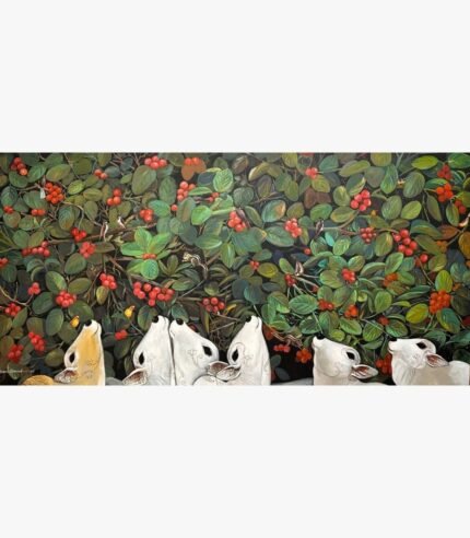 Contemporary Indian acrylic painting titled Quality time VII by Jiban Biswas depicting white cows and calves looking upward at a lush foliage canopy filled with red berries, birds, and squirrels.